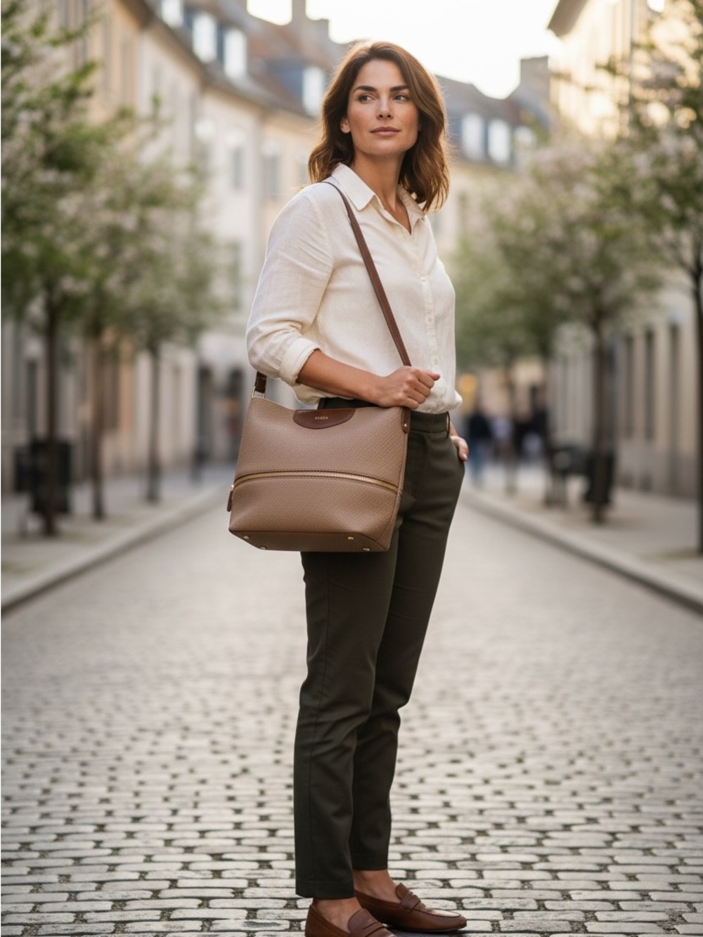 Structured Shoulder Bag in Taupe Pebbled Leather
